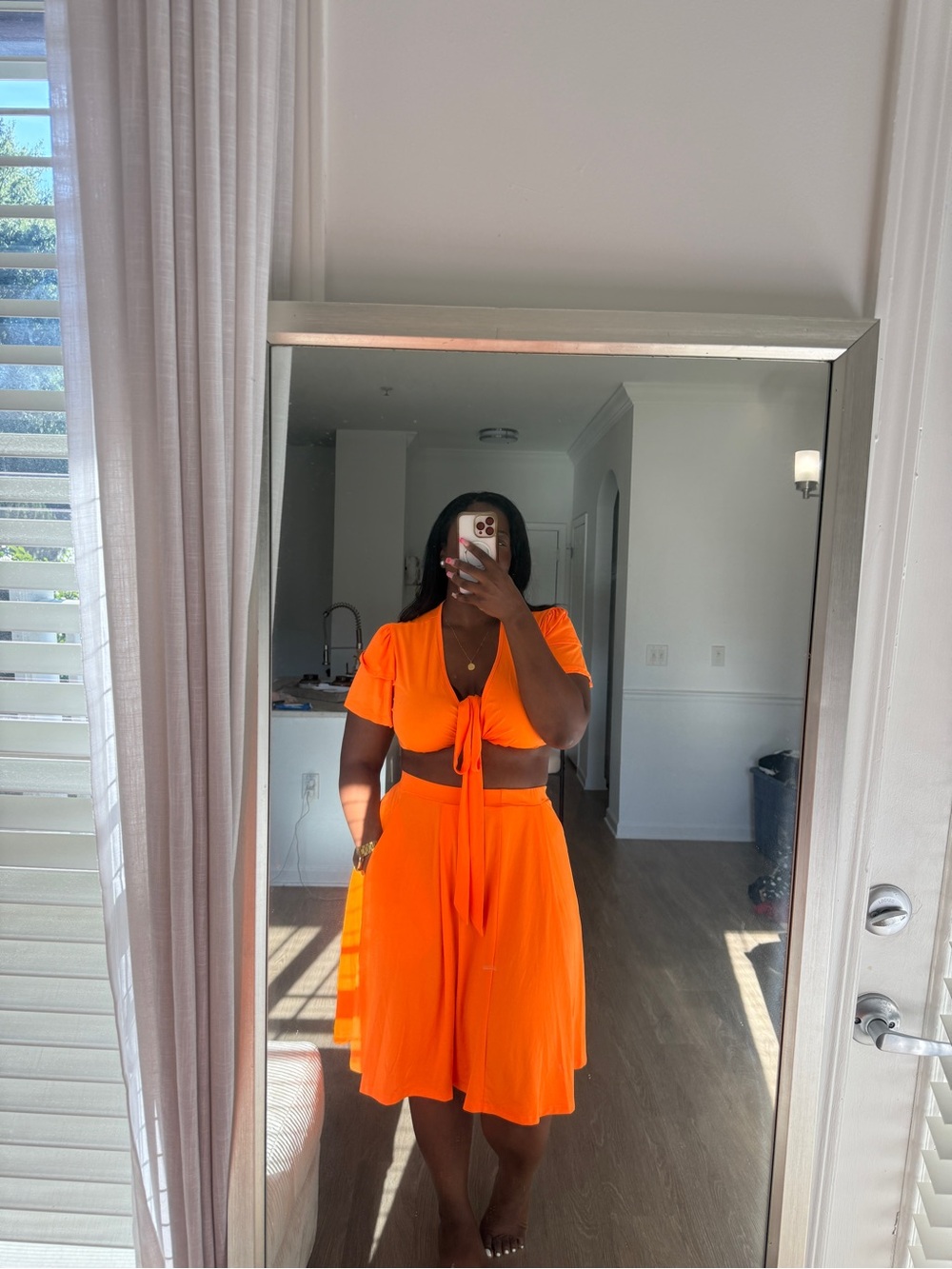 Women's Bright Orange Midi Tie-Front Skirt Set